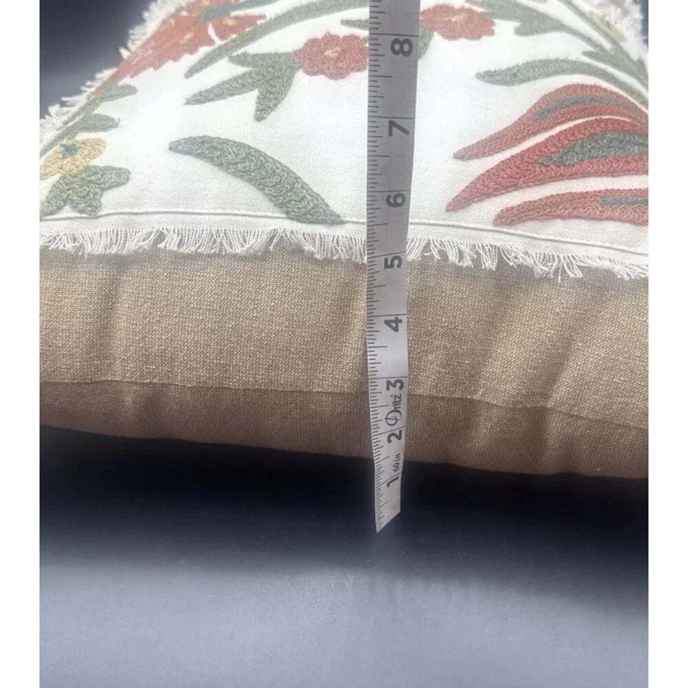 Shabby Chic Brand Tan w/ Colorful Embroidered Flowers Rectangular Pillow 25 X 16